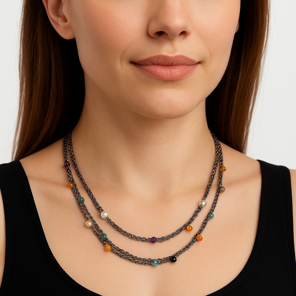 Silpada Layered Sterling Silver Gunmetal Multi Gemstone Necklace